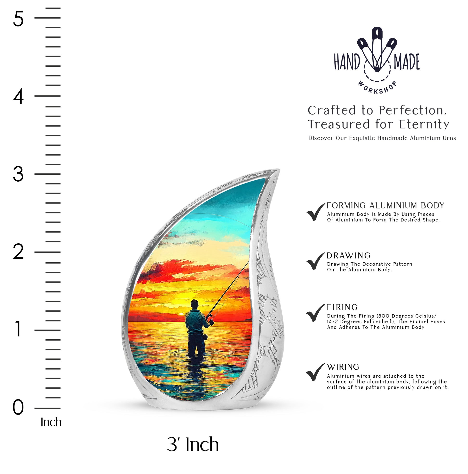 Soft Teal Fishing Cremation Urn angled view of lid and engraved motif - rounded teardrop fishing design with delicate detail - mini keepsake memorial for portion of cremation ashes