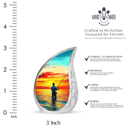Soft Teal Fishing Cremation Urn angled view of lid and engraved motif - rounded teardrop fishing design with delicate detail - mini keepsake memorial for portion of cremation ashes