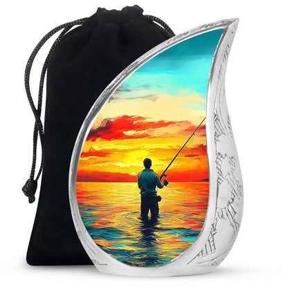 Deep Teal Fishing Cremation Urn front view showing detailed design - graceful tear-shaped urn with fishing motif - full-size 10 inch 200 cubic inch adult cremation urn