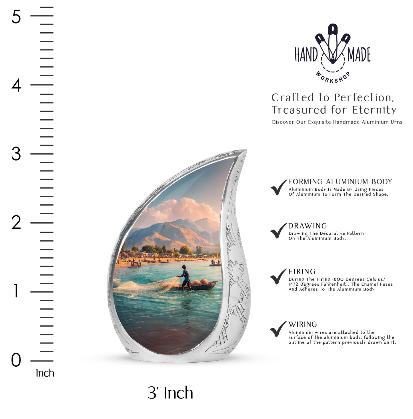 Twilight Blue Fishing Cremation Urn angled view of lid and engraved motif - smooth teardrop contour featuring fishing art - mini keepsake memorial for portion of cremation ashes