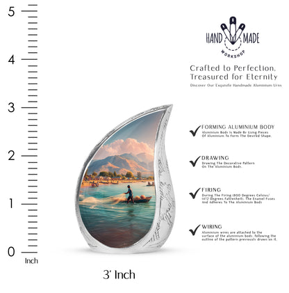 Twilight Blue Fishing Cremation Urn angled view of lid and engraved motif - smooth teardrop contour featuring fishing art - mini keepsake memorial for portion of cremation ashes