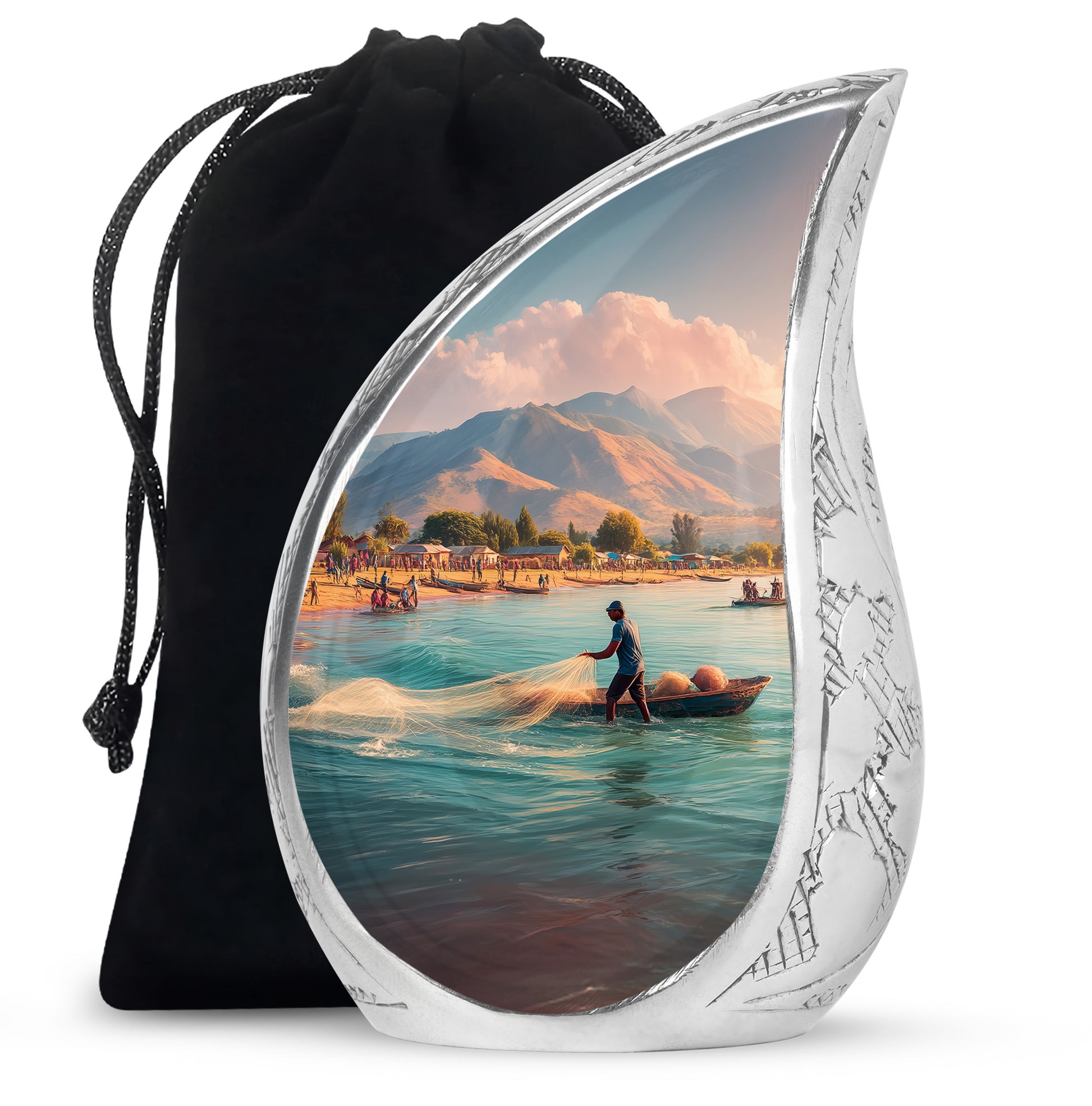 Azure Fishing Cremation Urn front view showing detailed design - flowing teardrop fishing silhouette on curved aluminum - full-size 10 inch 200 cubic inch adult cremation urn