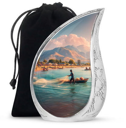 Azure Fishing Cremation Urn front view showing detailed design - flowing teardrop fishing silhouette on curved aluminum - full-size 10 inch 200 cubic inch adult cremation urn