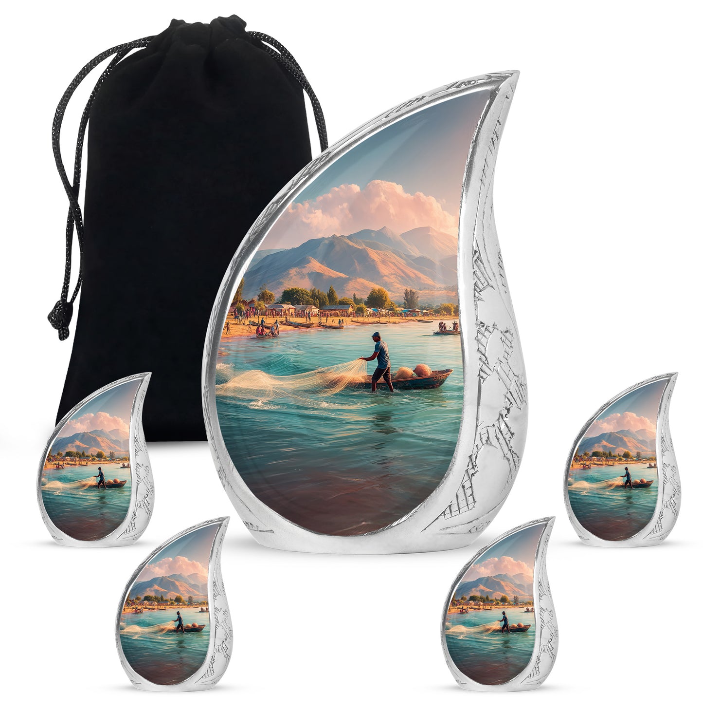 Dusty Blue Fishing Cremation Urn side profile showing urn shape - rounded teardrop fishing design with delicate detail - memorial set with one large and four small urns