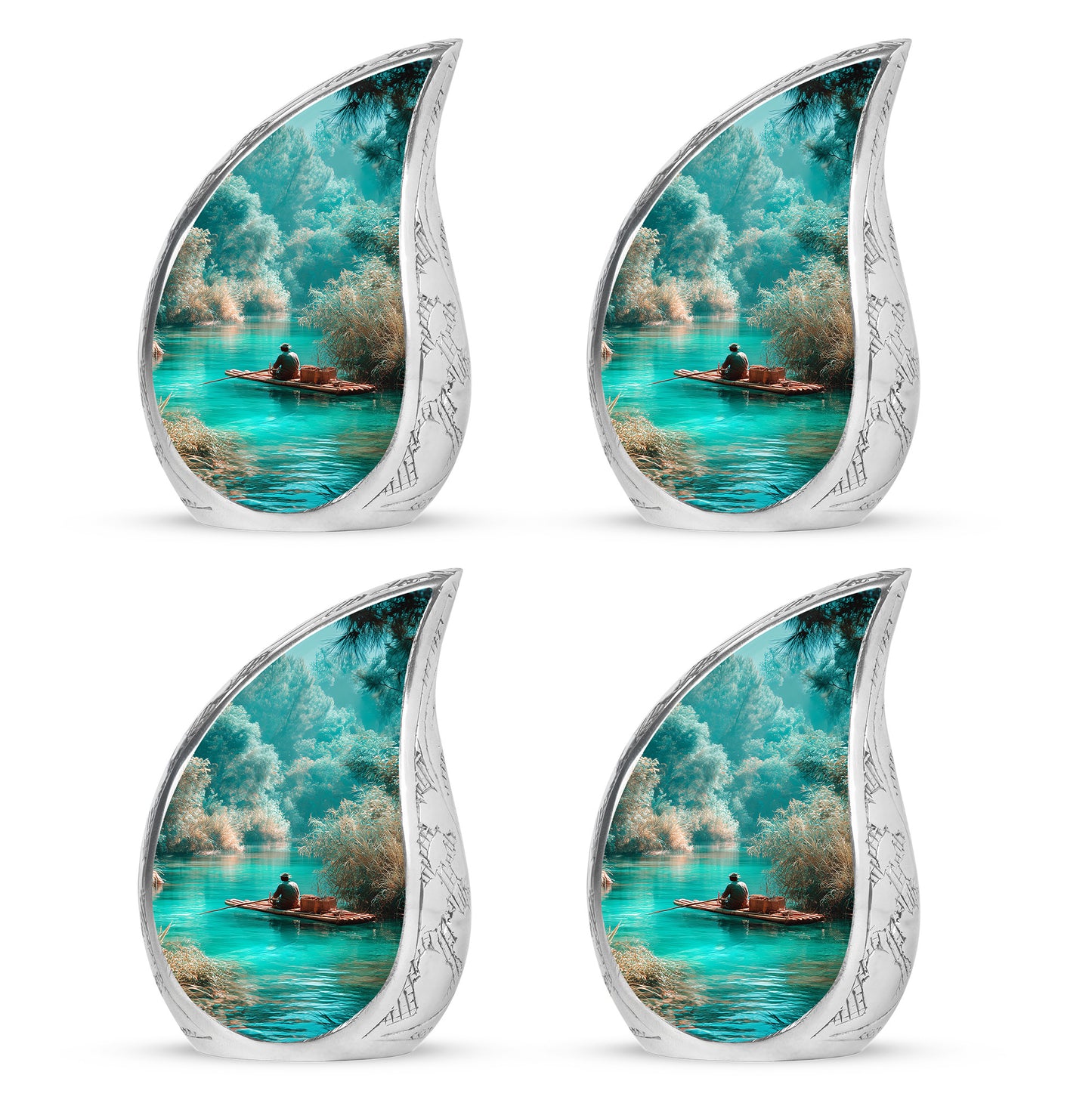 Ocean Teal Fishing Cremation Urn close-up of engraving and surface detail - flowing teardrop fishing silhouette on curved aluminum - 10 inch aluminum urn for cremated remains