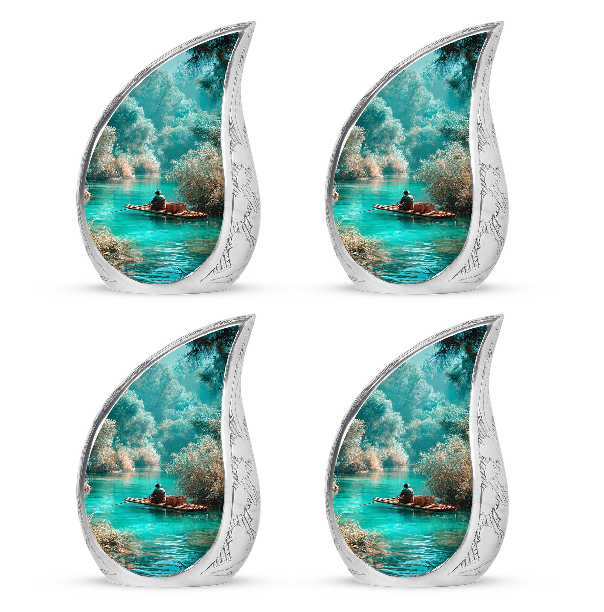 Ocean Teal Fishing Cremation Urn close-up of engraving and surface detail - flowing teardrop fishing silhouette on curved aluminum - 10 inch aluminum urn for cremated remains
