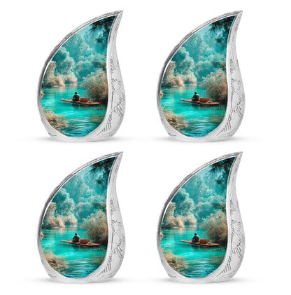 Ocean Teal Fishing Cremation Urn close-up of engraving and surface detail - flowing teardrop fishing silhouette on curved aluminum - 10 inch aluminum urn for cremated remains