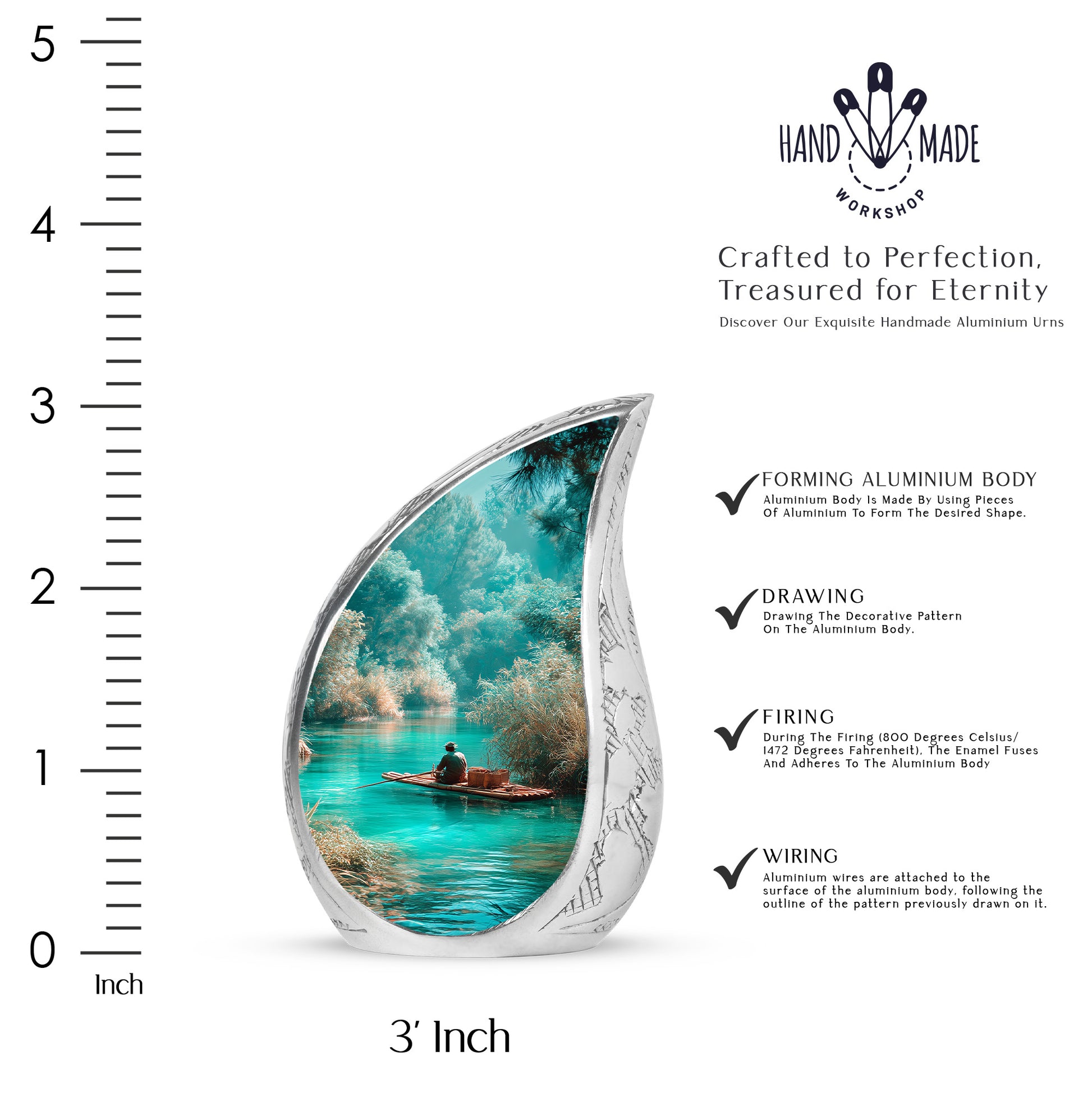 Vivid Teal Fishing Cremation Urn angled view of lid and engraved motif - smooth teardrop contour featuring fishing art - mini keepsake memorial for portion of cremation ashes