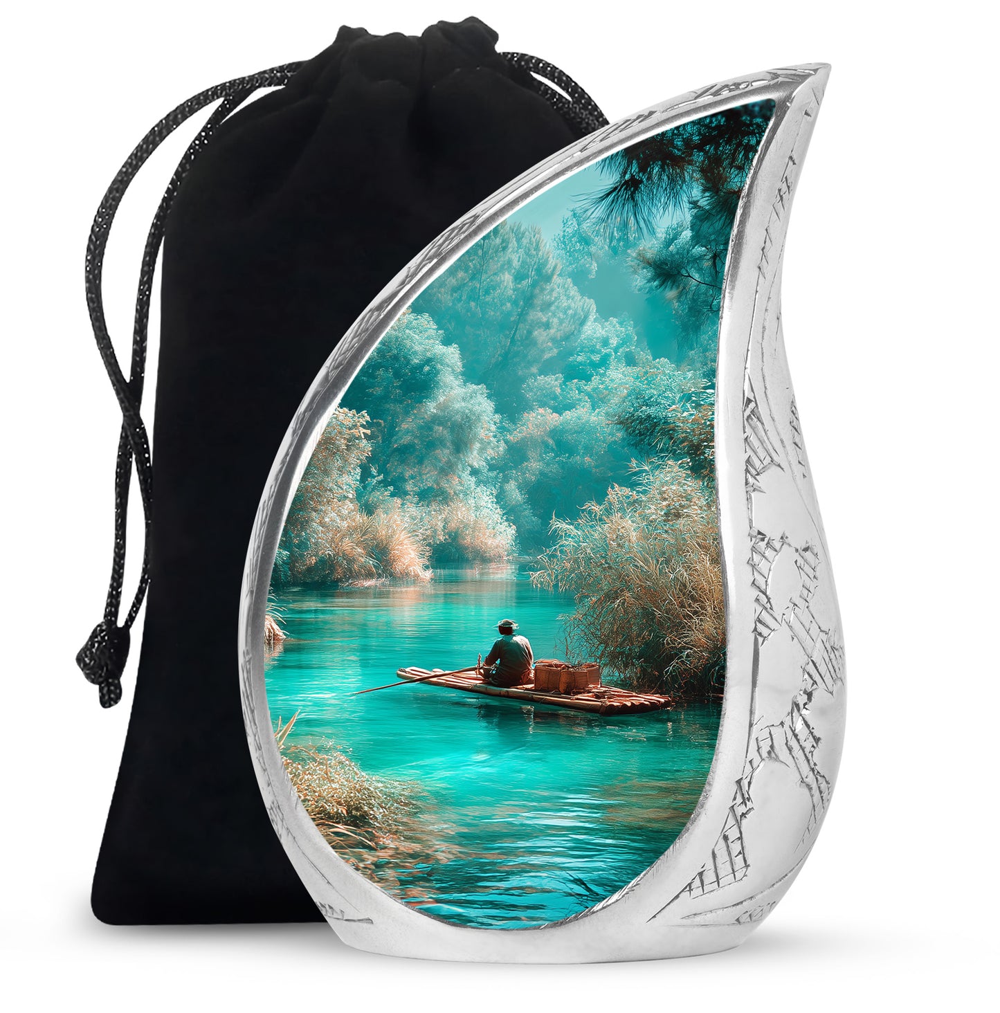 Cool Teal Fishing Cremation Urn front view showing detailed design - flowing teardrop fishing silhouette on curved aluminum - full-size 10 inch 200 cubic inch adult cremation urn