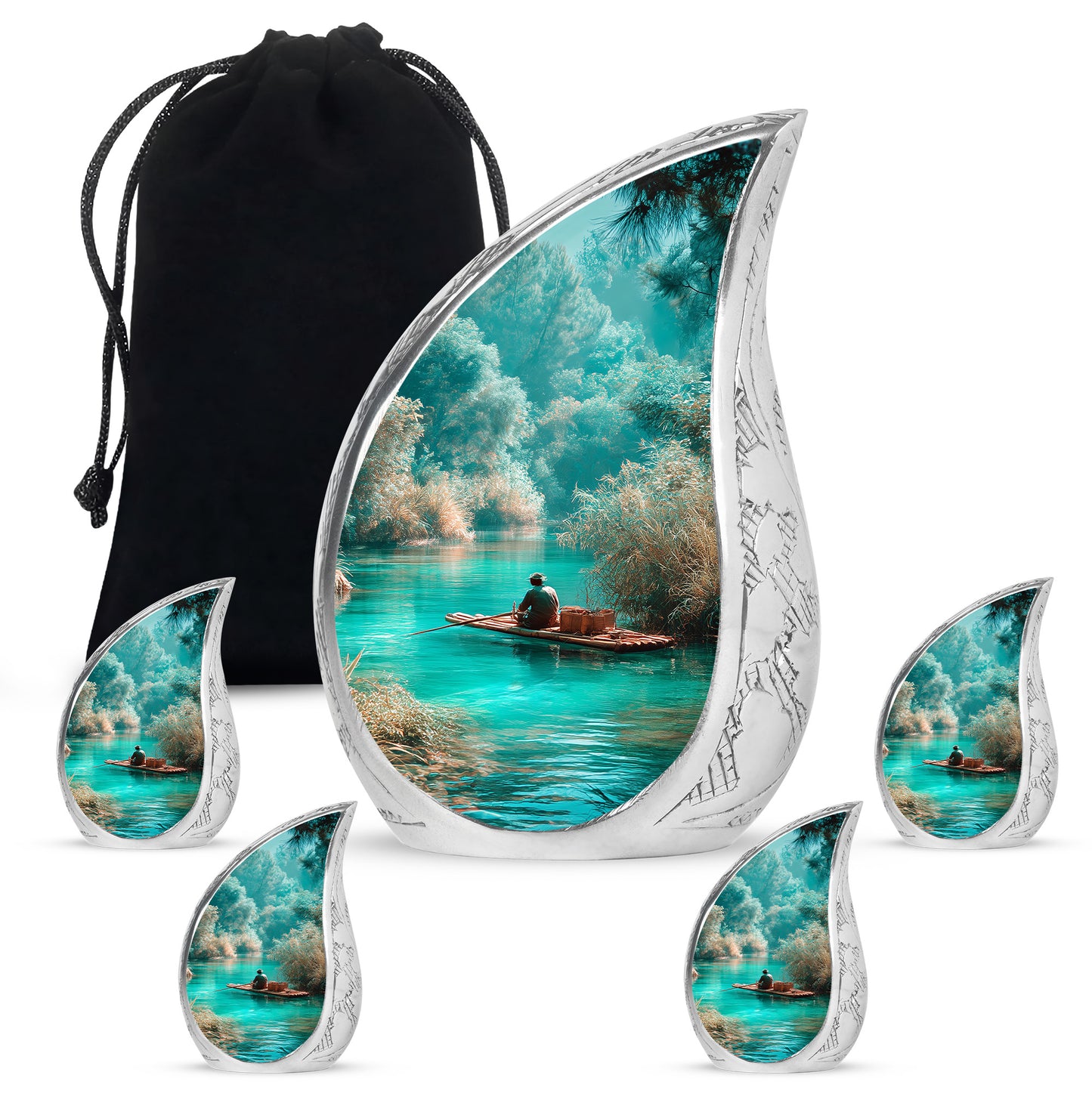 Cool Teal Fishing Cremation Urn side profile showing urn shape - rounded teardrop fishing design with delicate detail - memorial set with one large and four small urns