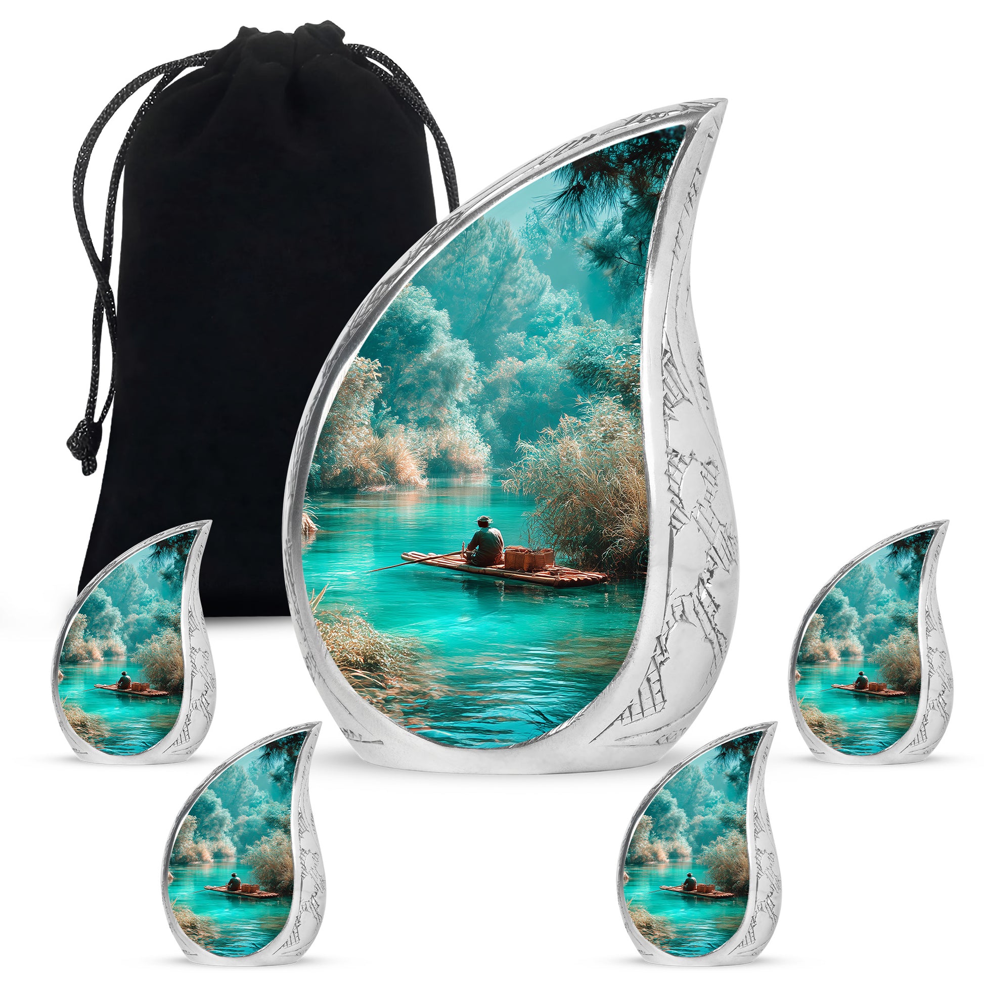 Cool Teal Fishing Cremation Urn side profile showing urn shape - rounded teardrop fishing design with delicate detail - memorial set with one large and four small urns