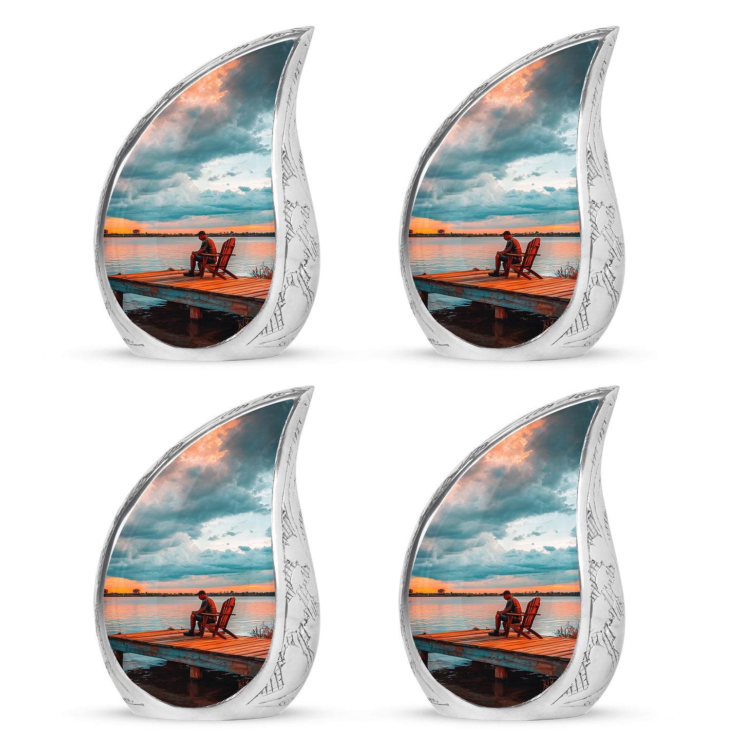 Tropical Teal Fishing Cremation Urn close-up of engraving and surface detail - smooth teardrop contour featuring fishing art - 10 inch aluminum urn for cremated remains