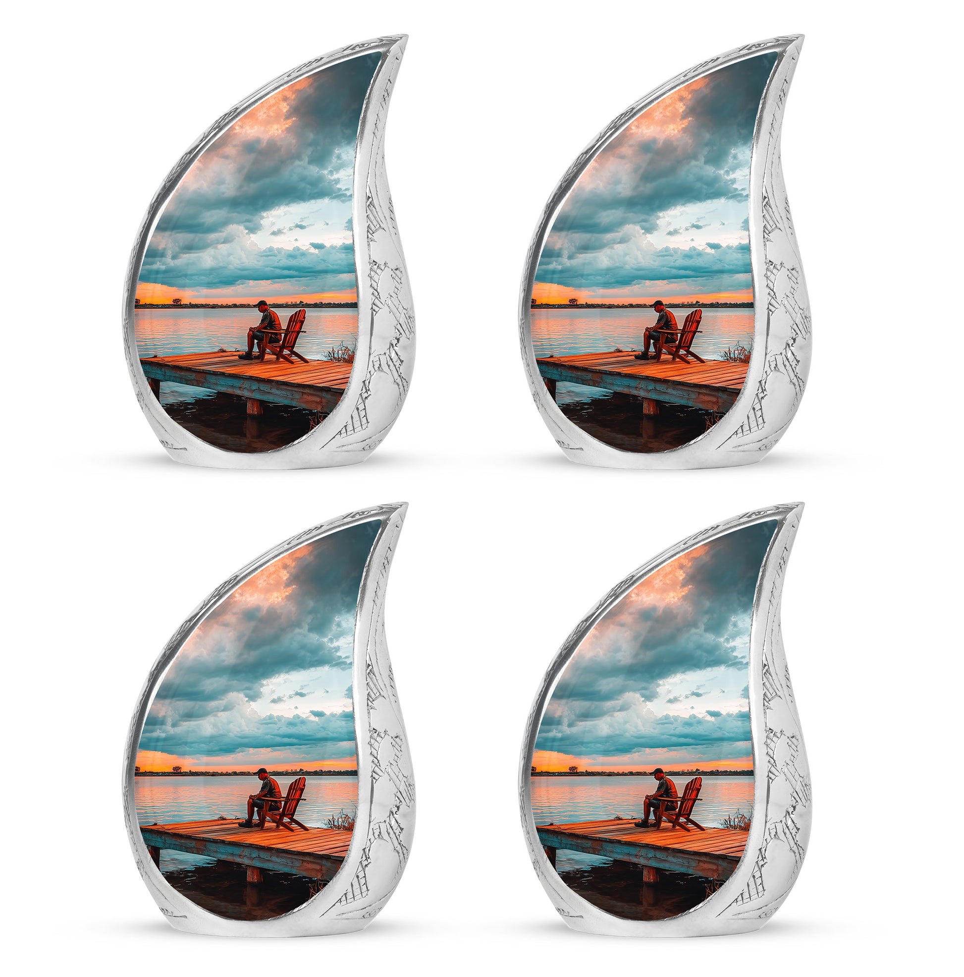 Tropical Teal Fishing Cremation Urn close-up of engraving and surface detail - smooth teardrop contour featuring fishing art - 10 inch aluminum urn for cremated remains
