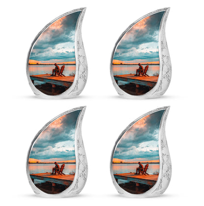 Tropical Teal Fishing Cremation Urn close-up of engraving and surface detail - smooth teardrop contour featuring fishing art - 10 inch aluminum urn for cremated remains
