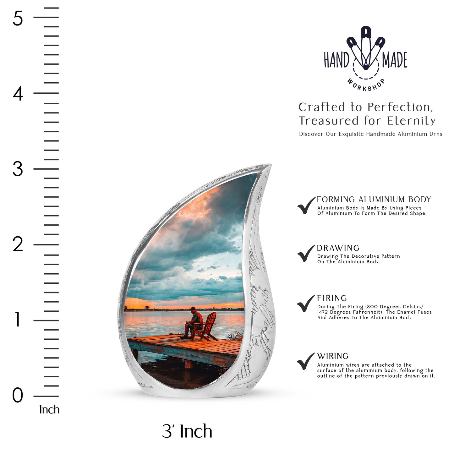 Ocean Teal Fishing Cremation Urn angled view of lid and engraved motif - rounded teardrop fishing design with delicate detail - mini keepsake memorial for portion of cremation ashes
