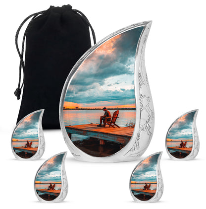 Aqua Teal Fishing Cremation Urn side profile showing urn shape - smooth teardrop contour featuring fishing art - memorial set with one large and four small urns