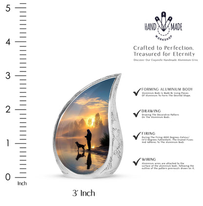 Soft Blue Fishing Cremation Urn angled view of lid and engraved motif - smooth teardrop contour featuring fishing art - mini keepsake memorial for portion of cremation ashes