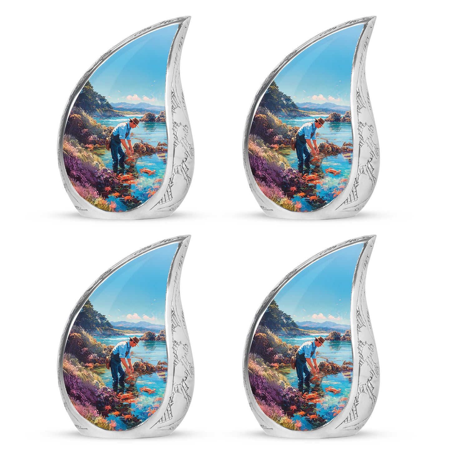Sea Green Teal Fishing Cremation Urn close-up of engraving and surface detail - rounded teardrop fishing design with delicate detail - 10 inch aluminum urn for cremated remains