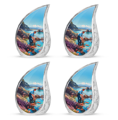 Sea Green Teal Fishing Cremation Urn close-up of engraving and surface detail - rounded teardrop fishing design with delicate detail - 10 inch aluminum urn for cremated remains