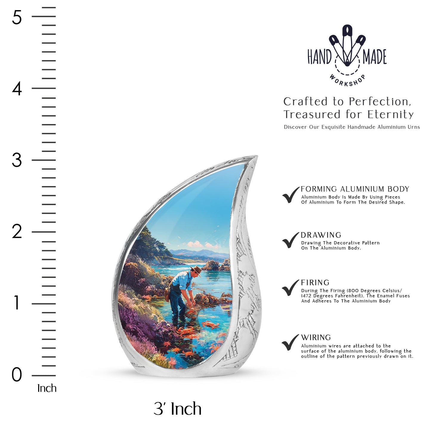 Vivid Teal Fishing Cremation Urn angled view of lid and engraved motif - smooth teardrop contour featuring fishing art - mini keepsake memorial for portion of cremation ashes