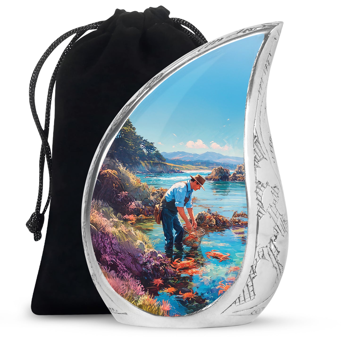 Aqua Teal Fishing Cremation Urn front view showing detailed design - smooth teardrop contour featuring fishing art - full-size 10 inch 200 cubic inch adult cremation urn