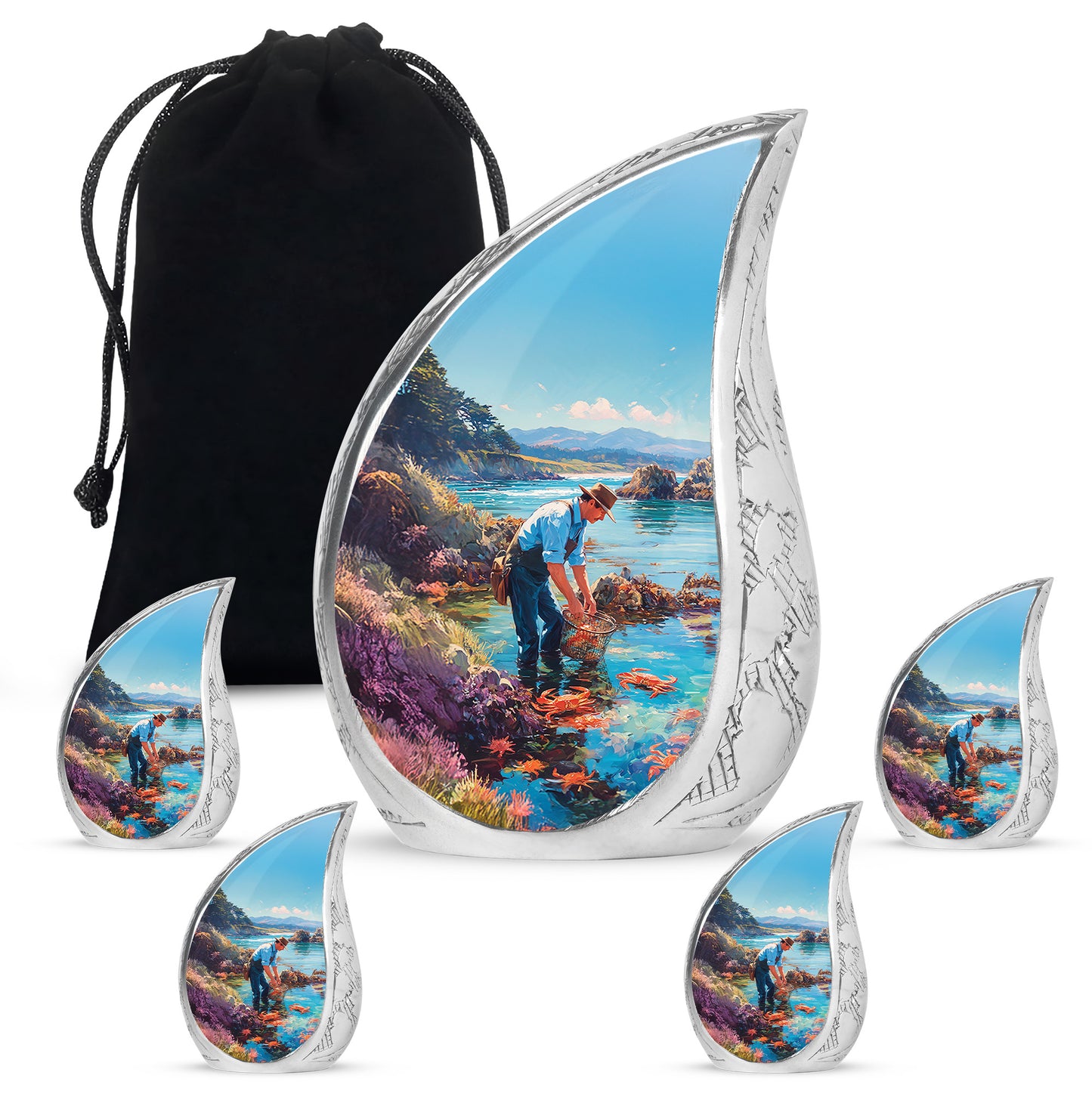 Tropical Teal Fishing Cremation Urn side profile showing urn shape - graceful tear-shaped urn with fishing motif - memorial set with one large and four small urns