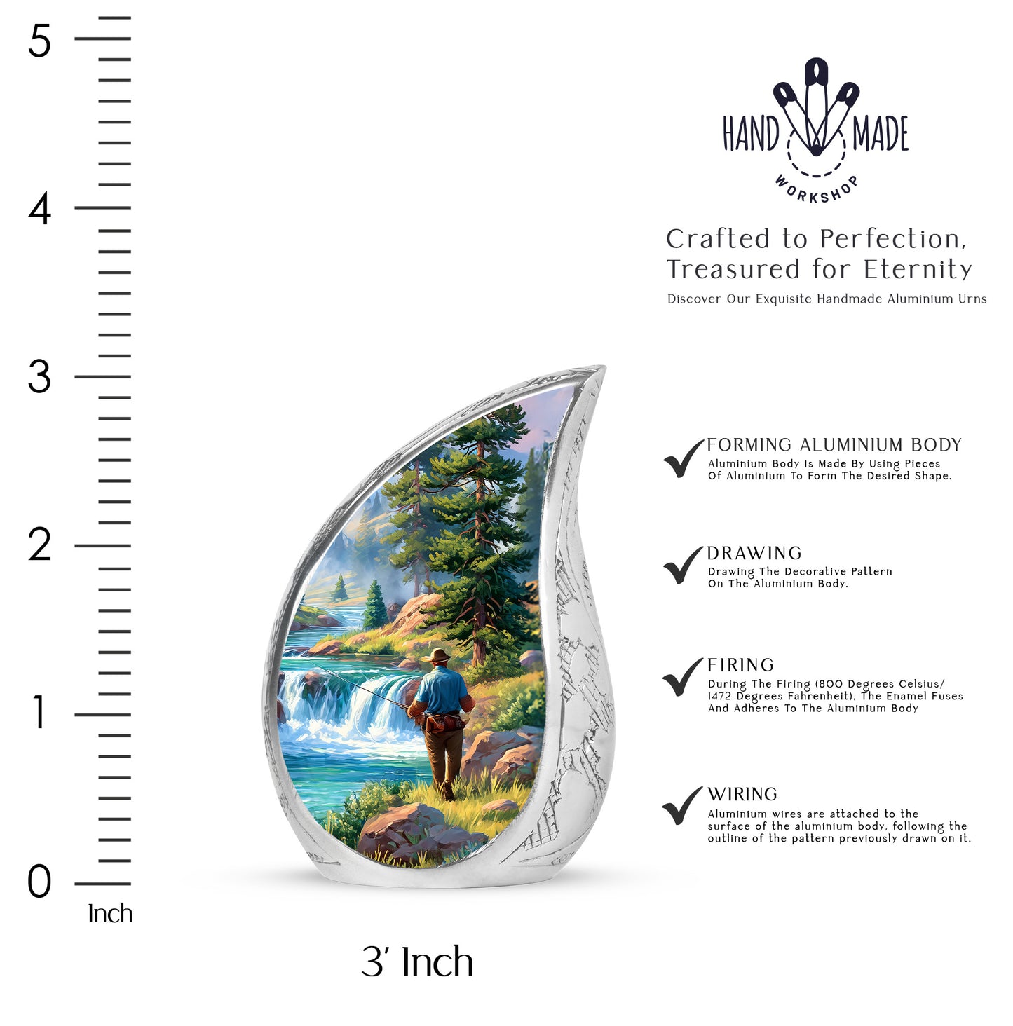 Serene Blue Fishing Cremation Urn angled view of lid and engraved motif - graceful tear-shaped urn with fishing motif - mini keepsake memorial for portion of cremation ashes