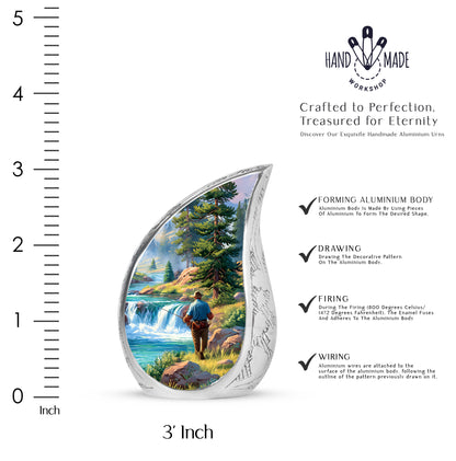 Serene Blue Fishing Cremation Urn angled view of lid and engraved motif - graceful tear-shaped urn with fishing motif - mini keepsake memorial for portion of cremation ashes