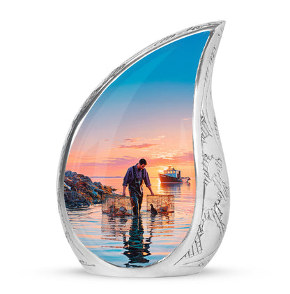 Distinguished Blue Fishing Cremation Urn for Ashes - 10-inch, 200 cu in - Yatskia