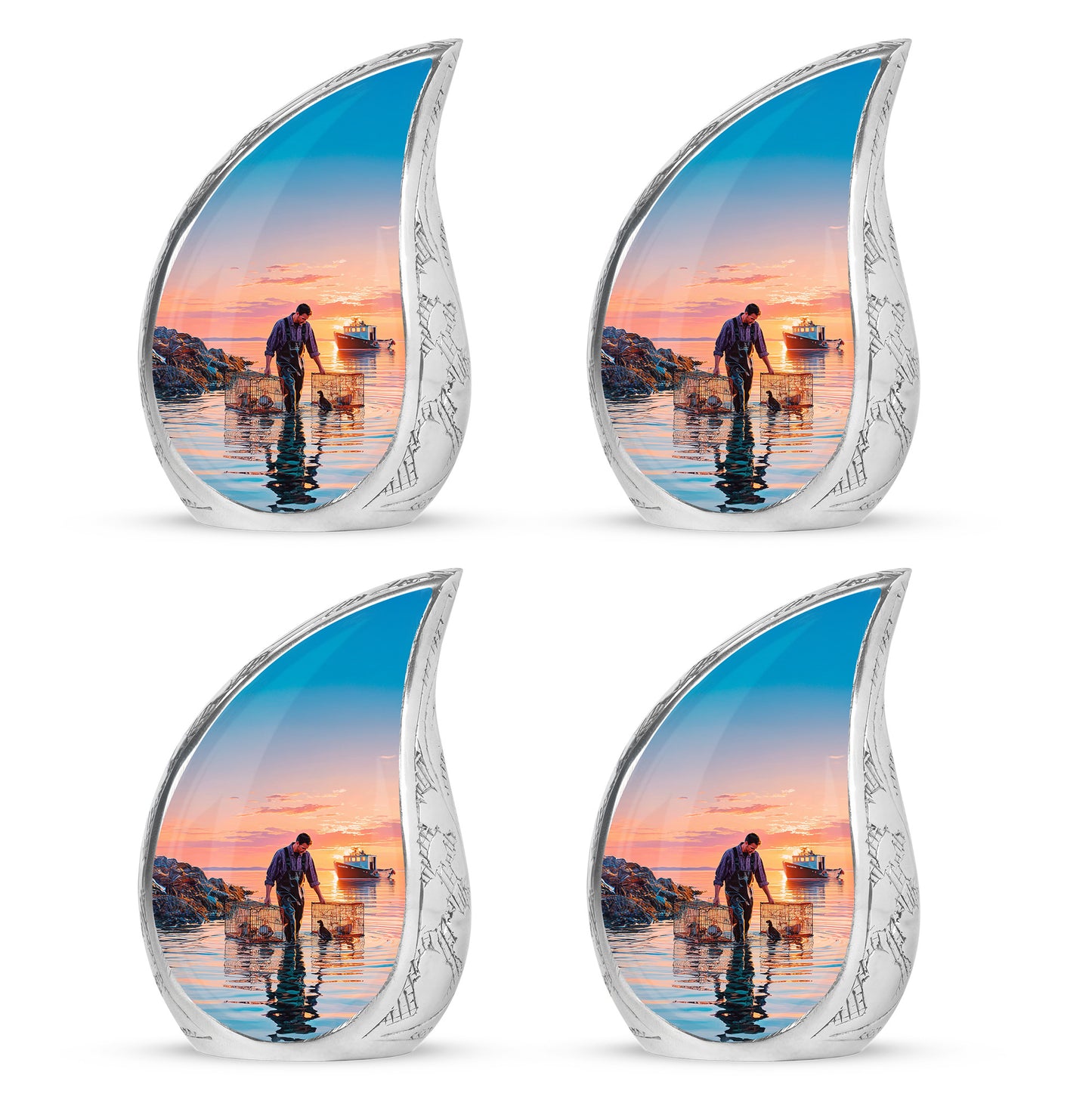 Sapphire Blue Fishing Cremation Urn close-up of engraving and surface detail - smooth teardrop contour featuring fishing art - 10 inch aluminum urn for cremated remains