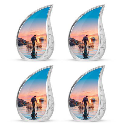 Sapphire Blue Fishing Cremation Urn close-up of engraving and surface detail - smooth teardrop contour featuring fishing art - 10 inch aluminum urn for cremated remains