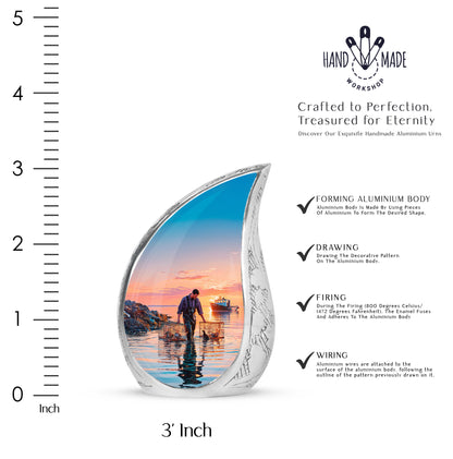 Navy Blue Fishing Cremation Urn angled view of lid and engraved motif - flowing teardrop fishing silhouette on curved aluminum - mini keepsake memorial for portion of cremation ashes