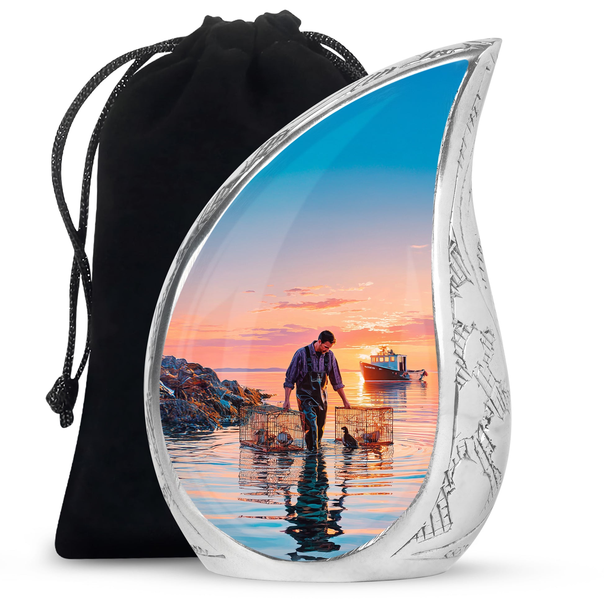 Sapphire Blue Fishing Cremation Urn front view showing detailed design - smooth teardrop contour featuring fishing art - full-size 10 inch 200 cubic inch adult cremation urn