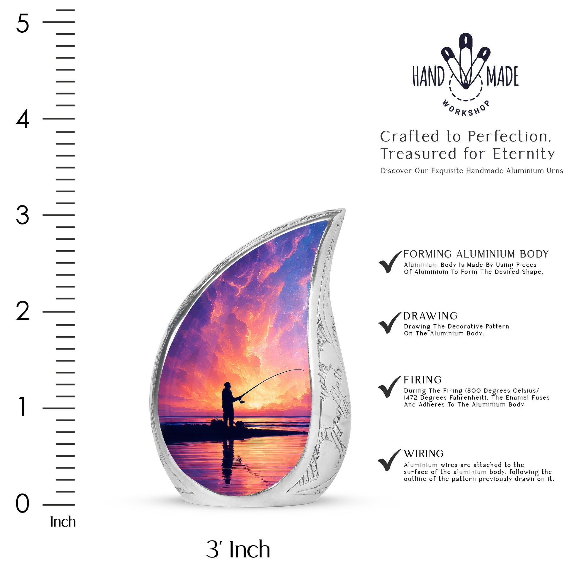 Cobalt Blue Fishing Cremation Urn angled view of lid and engraved motif - smooth teardrop contour featuring fishing art - mini keepsake memorial for portion of cremation ashes