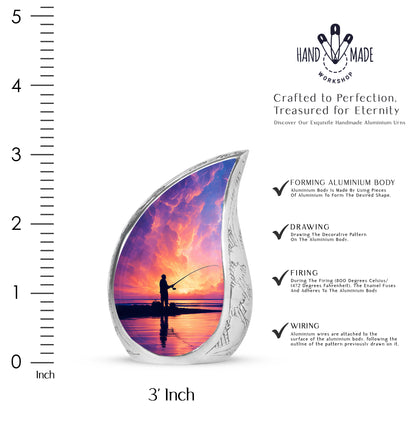Cobalt Blue Fishing Cremation Urn angled view of lid and engraved motif - smooth teardrop contour featuring fishing art - mini keepsake memorial for portion of cremation ashes