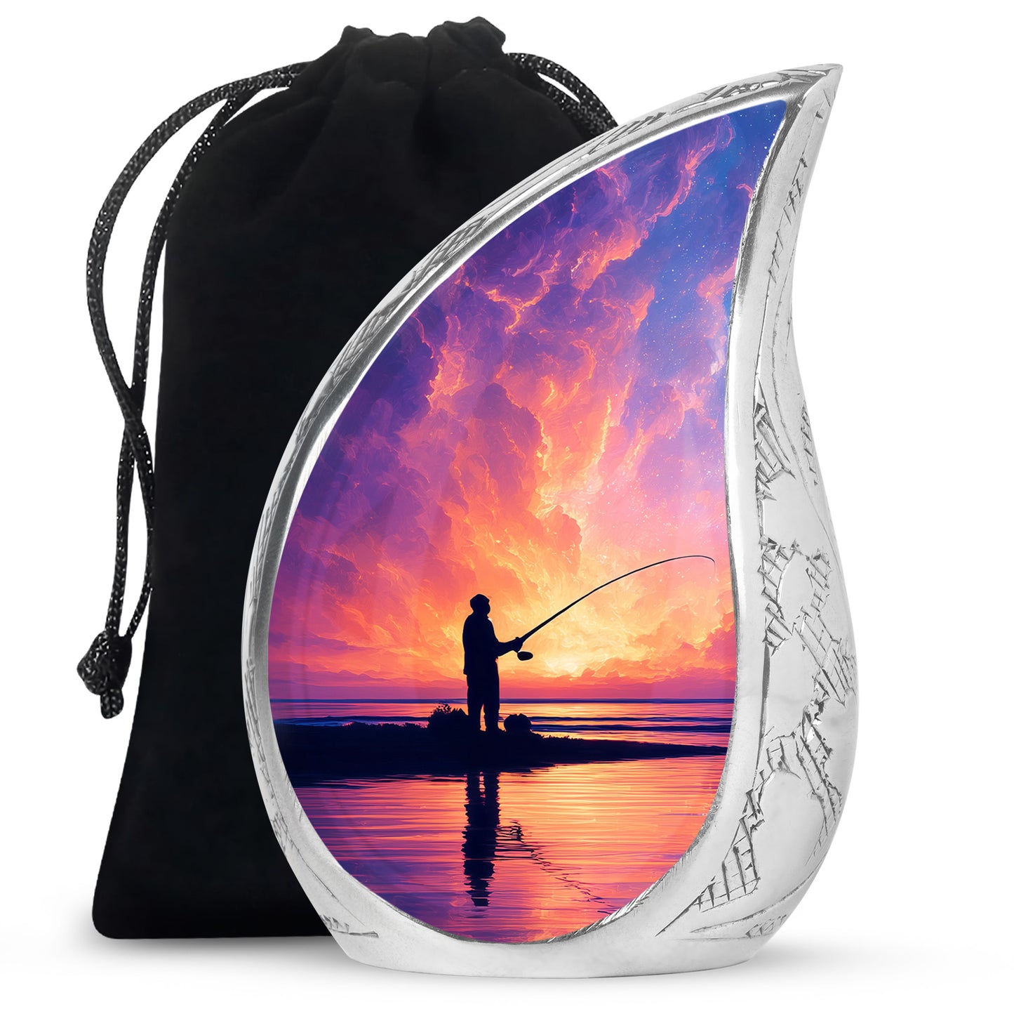 Bright Blue Fishing Cremation Urn front view showing detailed design - smooth teardrop contour featuring fishing art - full-size 10 inch 200 cubic inch adult cremation urn
