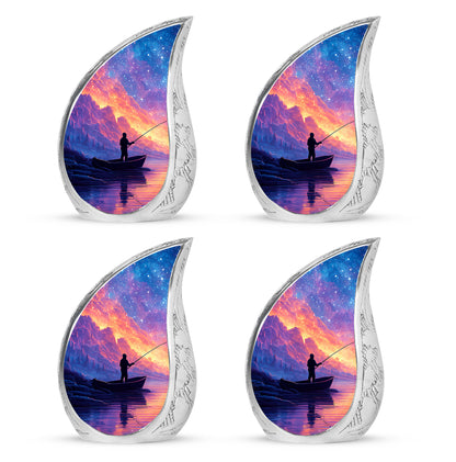 Calming Blue Fishing Cremation Urn close-up of engraving and surface detail - graceful tear-shaped urn with fishing motif - 10 inch aluminum urn for cremated remains