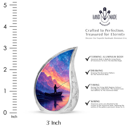 Indigo Fishing Cremation Urn angled view of lid and engraved motif - rounded teardrop fishing design with delicate detail - mini keepsake memorial for portion of cremation ashes