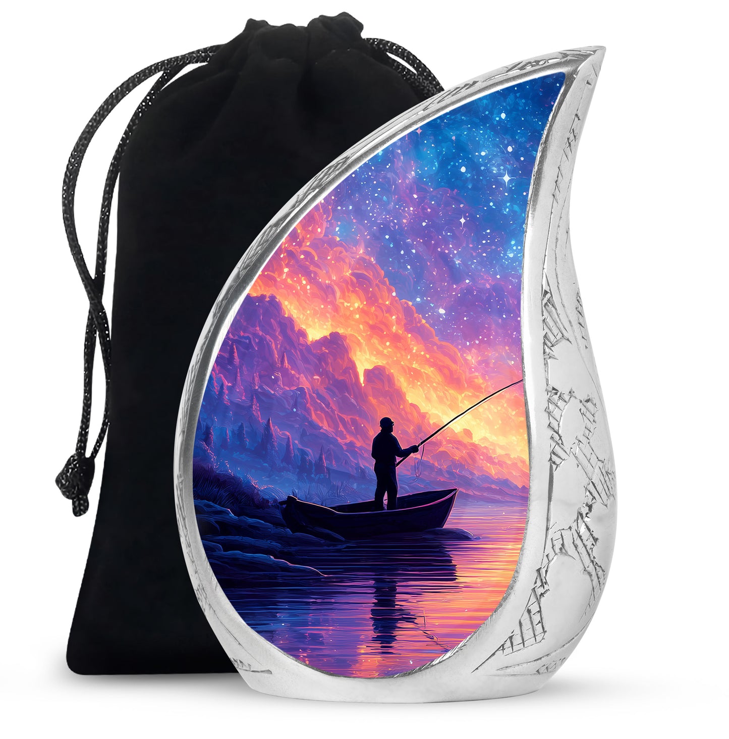 Slate Blue Fishing Cremation Urn front view showing detailed design - flowing teardrop fishing silhouette on curved aluminum - full-size 10 inch 200 cubic inch adult cremation urn