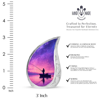 Sky Blue Fishing Cremation Urn angled view of lid and engraved motif - rounded teardrop fishing design with delicate detail - mini keepsake memorial for portion of cremation ashes