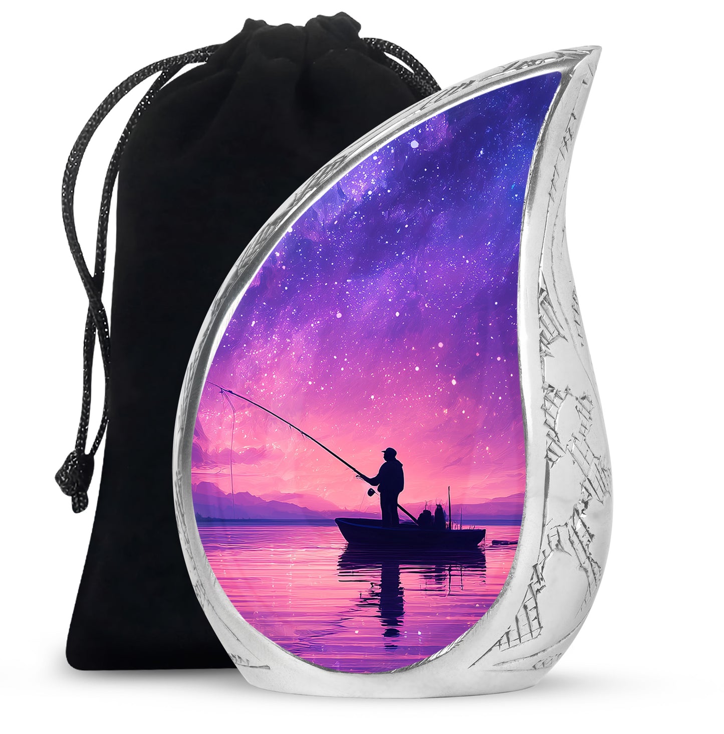 Twilight Blue Fishing Cremation Urn front view showing detailed design - graceful tear-shaped urn with fishing motif - full-size 10 inch 200 cubic inch adult cremation urn