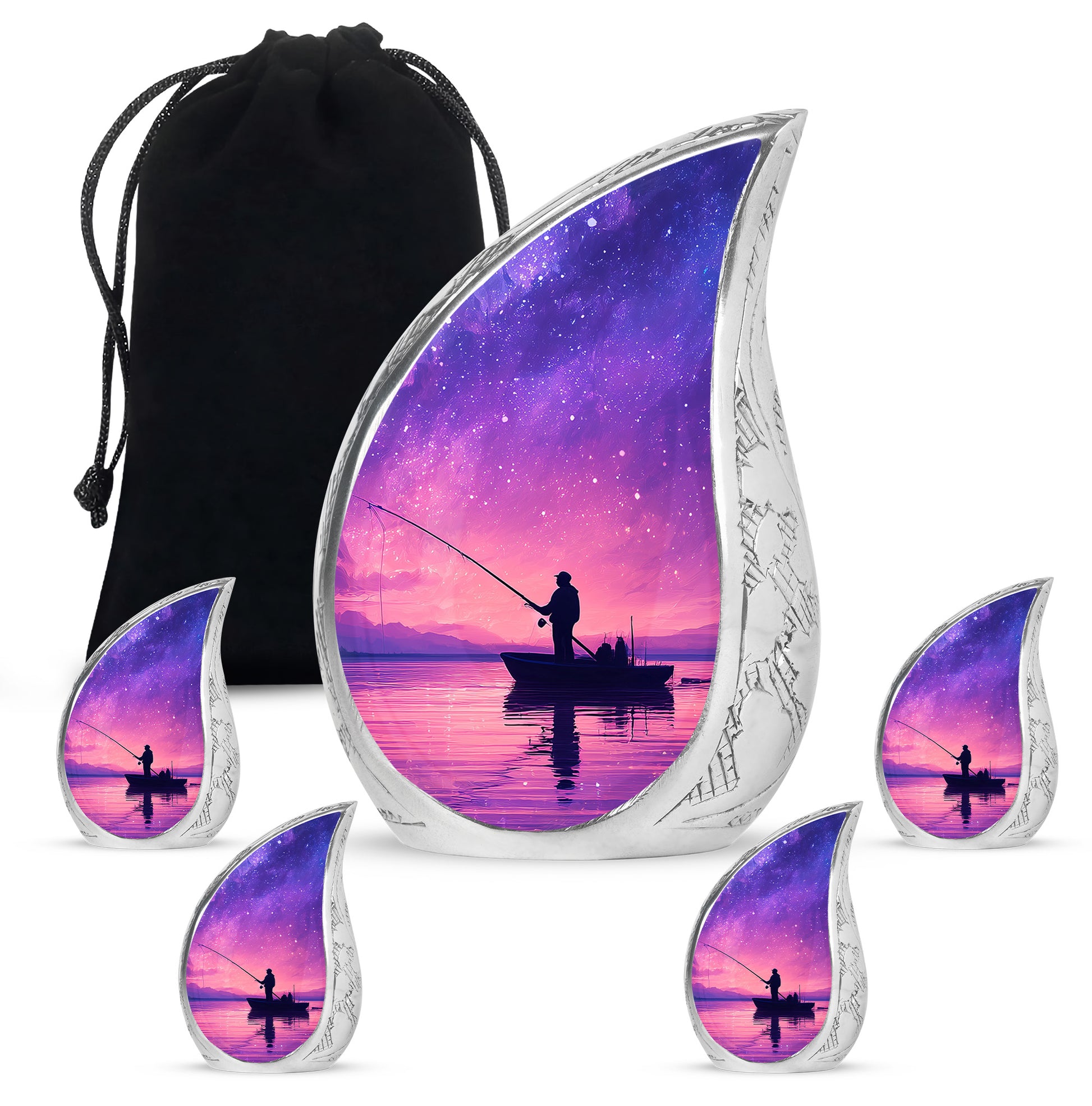 Icy Blue Fishing Cremation Urn side profile showing urn shape - flowing teardrop fishing silhouette on curved aluminum - memorial set with one large and four small urns