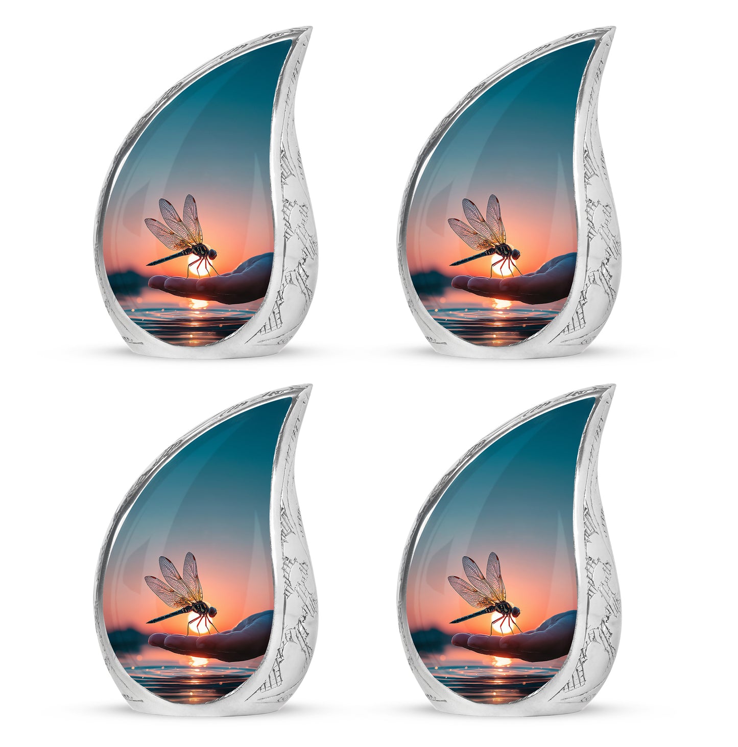 Vivid Blue Dragonfly Cremation Urn close-up of engraving and surface detail - smooth teardrop contour featuring dragonfly art - 10 inch aluminum urn for cremated remains