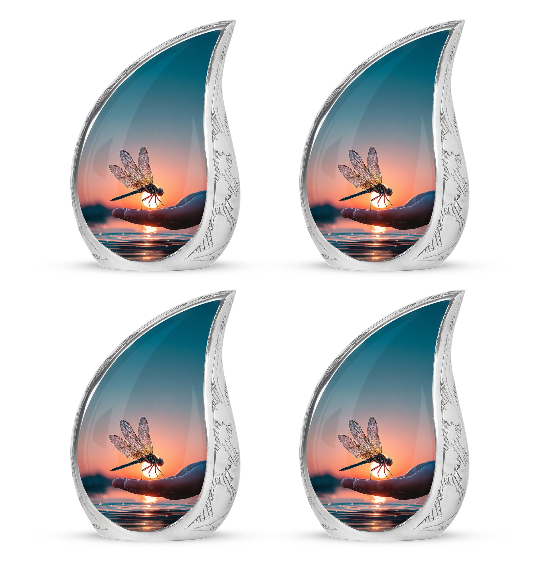 Vivid Blue Dragonfly Cremation Urn close-up of engraving and surface detail - smooth teardrop contour featuring dragonfly art - 10 inch aluminum urn for cremated remains