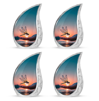 Vivid Blue Dragonfly Cremation Urn close-up of engraving and surface detail - smooth teardrop contour featuring dragonfly art - 10 inch aluminum urn for cremated remains