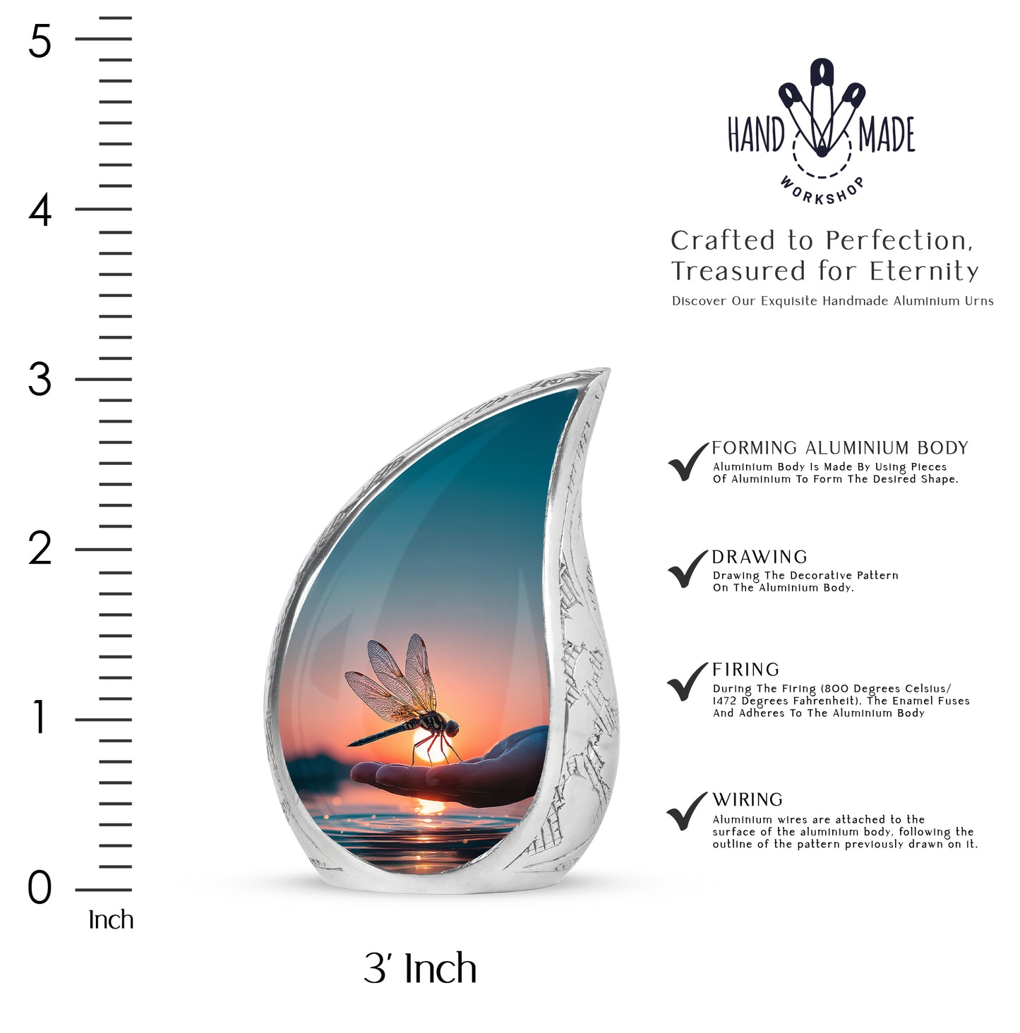Powder Blue Dragonfly Cremation Urn angled view of lid and engraved motif - flowing teardrop dragonfly silhouette on curved aluminum - mini keepsake memorial for portion of cremation ashes
