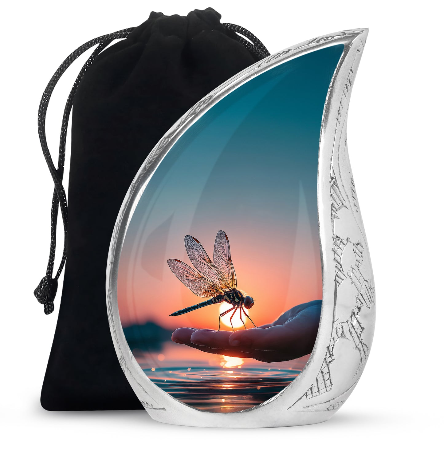 Pastel Blue Dragonfly Cremation Urn front view showing detailed design - rounded teardrop dragonfly design with delicate detail - full-size 10 inch 200 cubic inch adult cremation urn