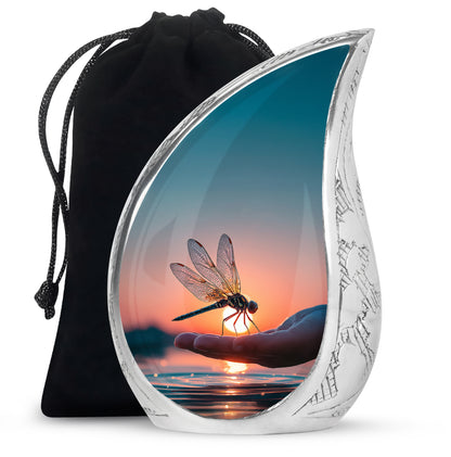 Pastel Blue Dragonfly Cremation Urn front view showing detailed design - rounded teardrop dragonfly design with delicate detail - full-size 10 inch 200 cubic inch adult cremation urn