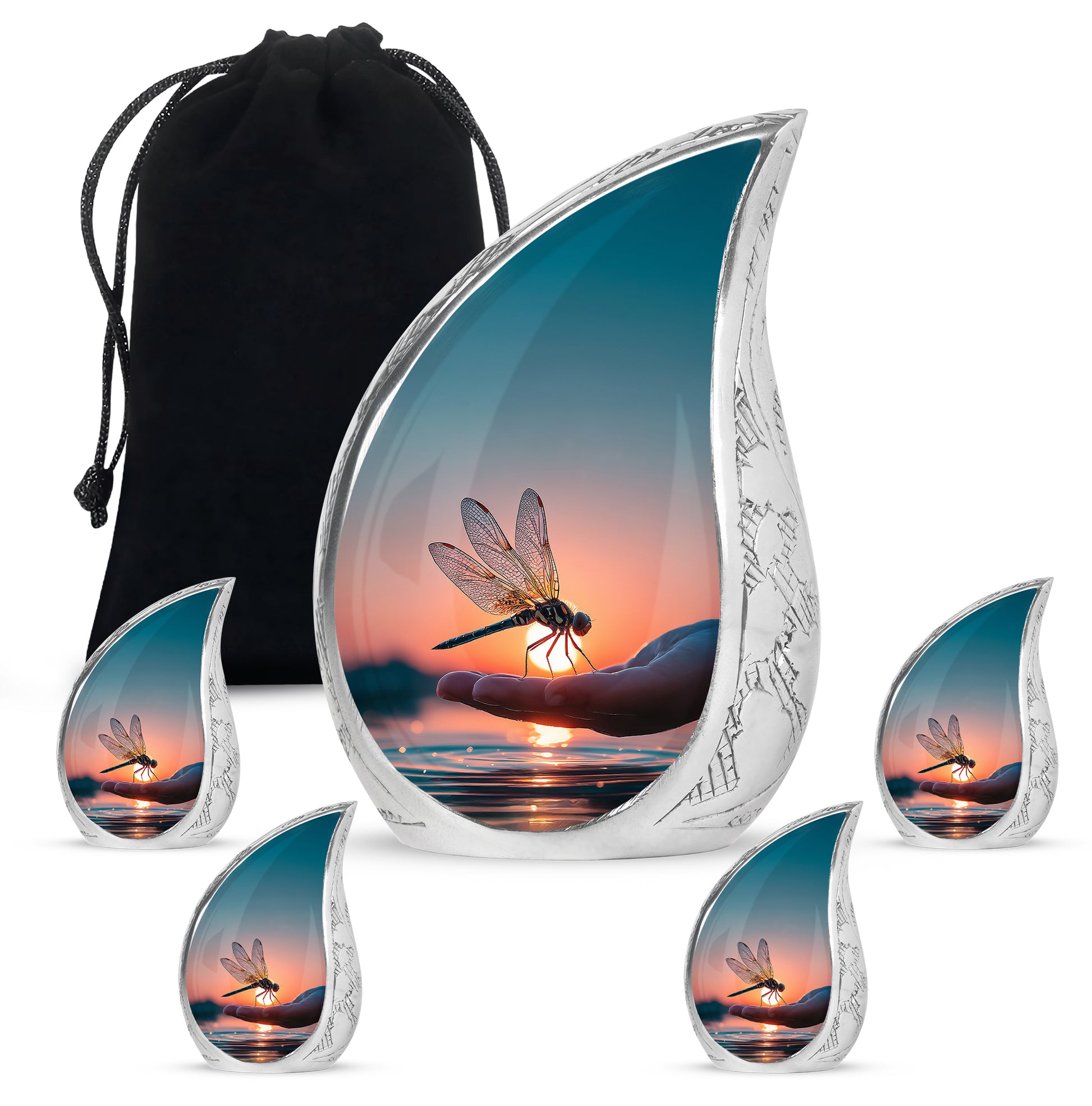 Sky Blue Dragonfly Cremation Urn side profile showing urn shape - rounded teardrop dragonfly design with delicate detail - memorial set with one large and four small urns