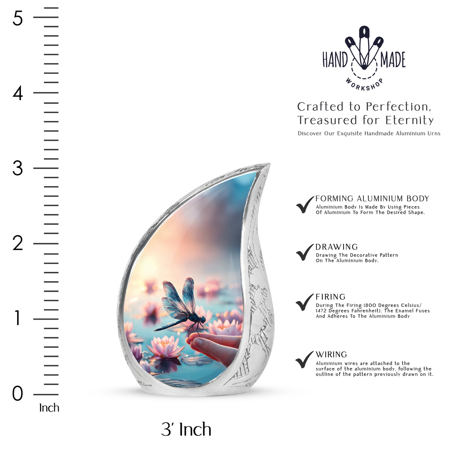 Amber Gold Dragonfly Cremation Urn angled view of lid and engraved motif - flowing teardrop dragonfly silhouette on curved aluminum - mini keepsake memorial for portion of cremation ashes